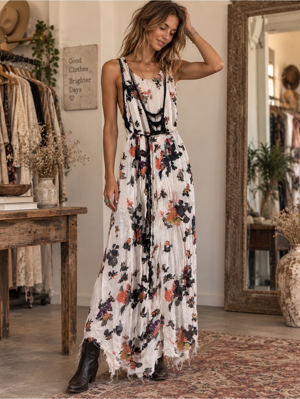 Free People FP One Floral Crinkle Gauze Boho Maxi Dress Raw Hem Sz XL